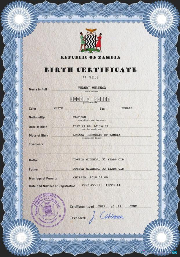 Download Zambia vital record birth certificate PSD template Photoshop template